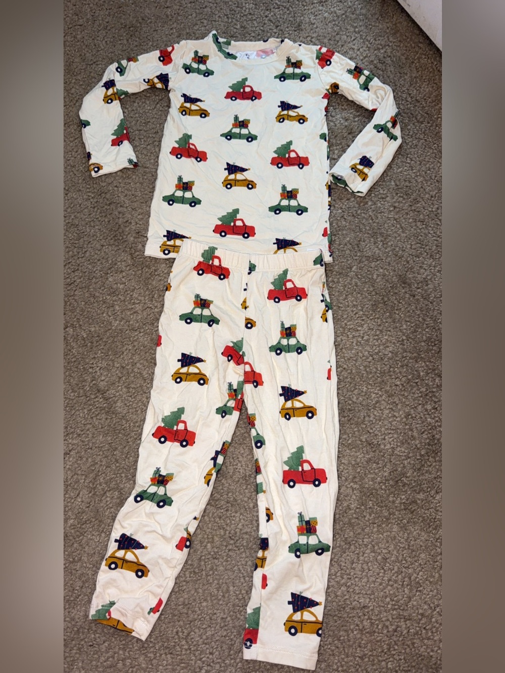 Kids Cream Holiday Truck Print Pajama Set - Long Sleeve Top & Pants